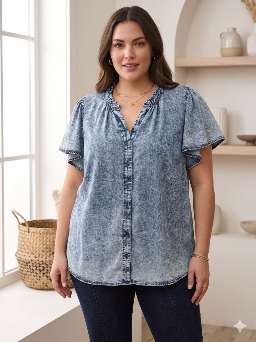 Jane + Delancey 3X Button-Front Washed Blue Denim Blouse - Plus